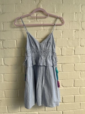 Zara TRF blue & white Stripe Playsuit Strappy Skort Dress Colourful Tassels XS 6 - image 1 of 4