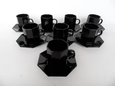 Vintage set x 8 Arcoroc Octime Black Amethyst Glass Espresso Coffee Cups Saucers - image 1 of 4