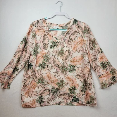 J Jill Love Linen Tropical Leaf Print V Neck Bell Sleeve Tunic Top Size Medium - Image 1 of 4