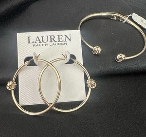 Lauren Ralph Lauren Set Love Knot/ 40 mm Hoops /Open Cuff Bracelet Gold Color - Picture 1 of 6