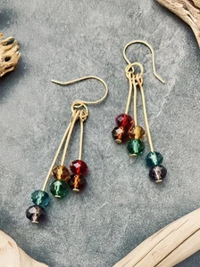 Multicolour Crystal Bead Dangly Drop Earrings Gold Plated Handmade - Picture 1 of 2