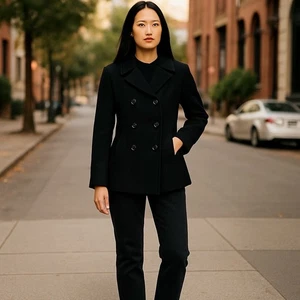 Calvin Klein Women’s Size 12 Black Wool Blend Double-Breasted Pea Coat Pleated - Picture 1 of 8