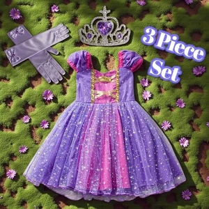 Rapunzel verheddertes Kostüm Kleid mit Krone & Handschuhen Mädchen Prinzessin Zubehör Set 4T - Bild 1 von 13