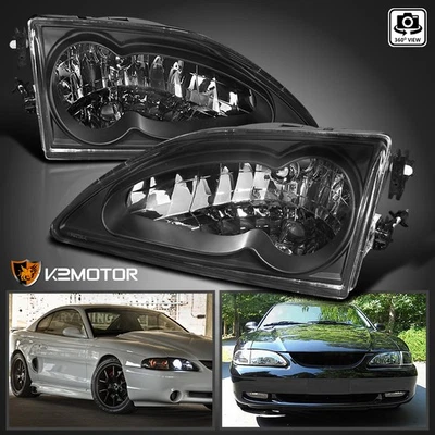 Black Fits 1994-1998 Ford Mustang Replacement Headlights Lamps Left+Right 94-98 - Image 1 of 4