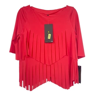 IC Collection Connie K Fringe Top Coral Stretch 3/4 Sleeve Pullover Womens M NEW - Picture 1 of 8