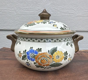Vtg Asta Germany Enamel Cookware Small Pot 7" Brass Handles Kalocsai Floral - Picture 1 of 18