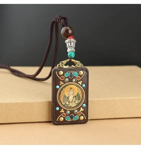 Collana Jambhala Nepalese Ciondolo Thangka Legno Nero Vairocana Giallo - Foto 1 di 4
