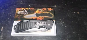 Buck Shot 5 1/4" Folding Lockback Thumb Stud SS Blade W/Black Handle No Clip - Picture 1 of 9