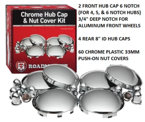 COMPLETE HUB METAL CAP KIT W/ CHROME PLASTIC LUG NUT COVERS TRUCK TRACTOR SEMI - Picture 1 of 4