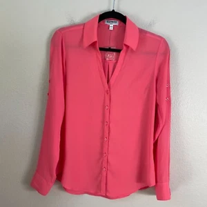 EXPRESS Portofino Shirt Womens Small Coral Pink Button Up Blouse Roll Tab Sleeve - Picture 1 of 8