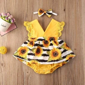 Baby Girls Floral Romper Toddlers Outfits Infant Romper With Headband Outfits - Picture 1 of 11