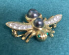 Joan Rivers Gold Tone Vintage Bee Brooch Black Pearl Green And Gucci  Crystals