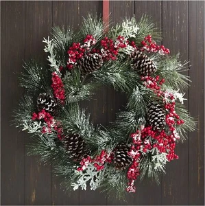 Glitzhome Flocked Pinecone Berry Wreath, Green/Red - Picture 1 of 2