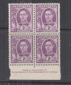 AUSTRALIA, 1944 KGVI 2d. Purple, imprint block of 4, mnh./lhm - Picture 1 of 1