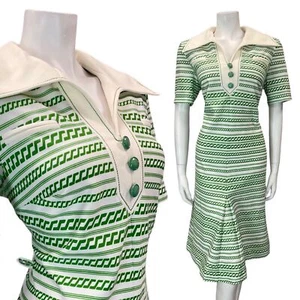 VINTAGE 60s 70s APPLE GREEN WHITE STRIPED MOD WING COLLAR SHIRT DRESS 14 16 - Picture 1 of 8