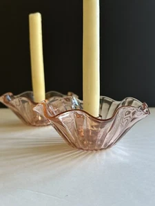 2 Pink Depression Glass Candle Holders Cottage Decor Art Nouveau Ruffled Optic - Picture 1 of 24