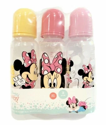 3 PACK DISNEY BABY MINNIE MOUSE 9oz BOTTLE SET. PINK/YELLOW - Image 1 of 2