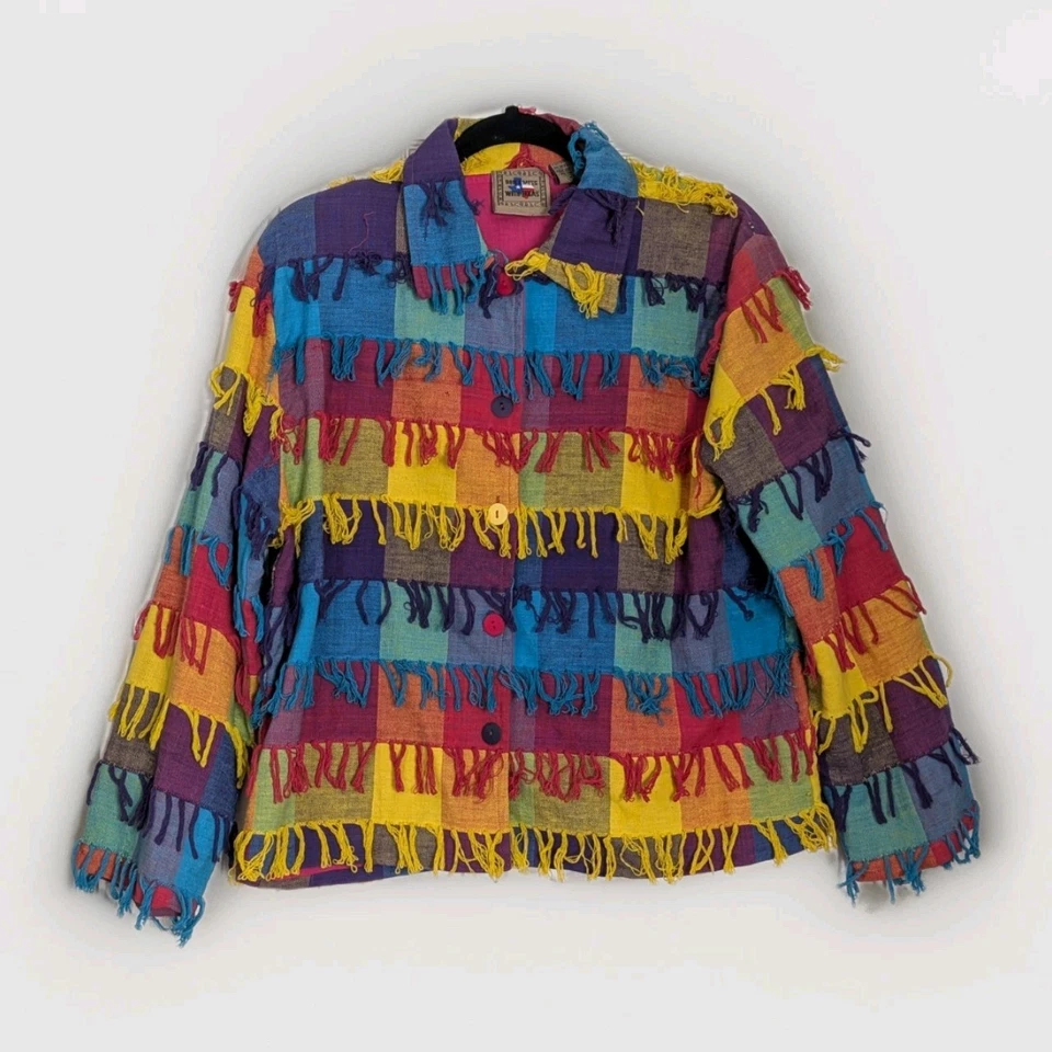 Vintage 90s Rainbow Patchwork Fringe Jacket M “Don’t Mess With Texas” India Rare - Image 1 of 4