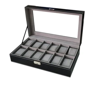 WBPU12-03 Watch Dislpay Box Organizer, Pu Leather with Glass Top, Large, Black - Picture 1 of 1