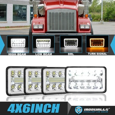 For Western Star 4900 Semi Truck 4PCS 4x6" Chrome LED Headlights Hi/Lo DRL Lamp Foto 1 de 4