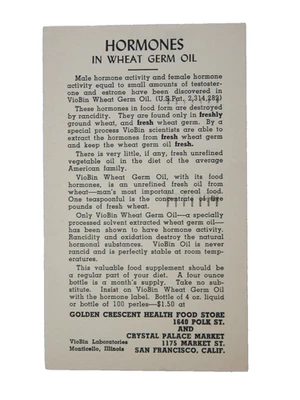 Vtg Postcard Ad HORMONES in WHEAT GERM OIL  Reliable Prescription 50s Pharma - Image 1 of 3