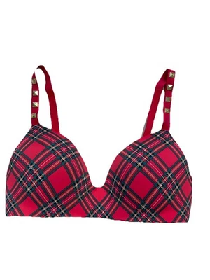 Camiseta Victoria's Secret Sujetador Inalámbrico Ligeramente Forrado Talla 34D Rojo/Verde Cuadros Foto 1 de 4