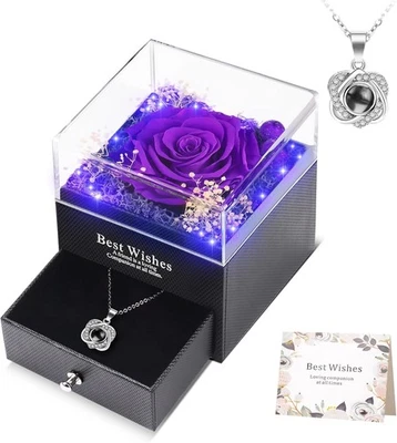 WOKEISE Lighted Preserved Real Rose with I Love You 心形项链,紫色-1  — 第 1/4 张图片