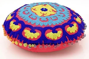 Cotton Indian Throw Pom Lace Decor 16" Round Suzani Embroidered Cushion Cover - Picture 1 of 4