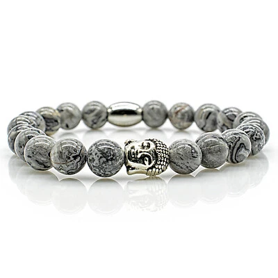 Jaspis Armband Bracelet Perlenarmband Buddhakopf Silver grau 8mm Edelstahl - Bild 1 von 2
