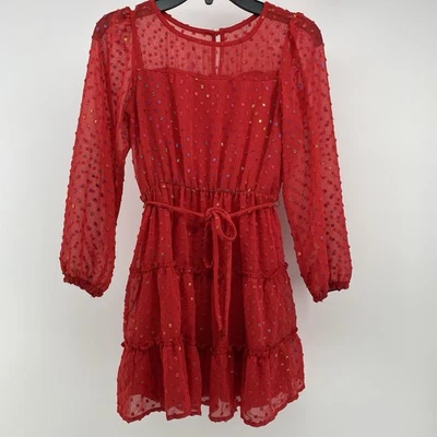 Speechless Girls Red and Rainbow Dotted Chiffon Sleeve Mini Belted Dress-Size 7 - Image 1 of 4