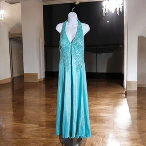 Xscape Aqua Blue Beaded Halter Gown Dress Women’s Size 14 Formal Evening Prom - Picture 1 of 10