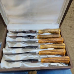 Englishtown Cutlery Scheffield England set of 6 knives in Lined Wooden box. Vtg - Picture 1 of 5