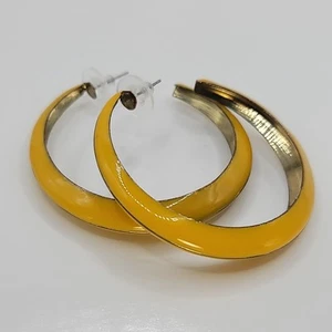 Vintage Yellow Enamel On Gold Tone Hoop Pierced Earrings - Picture 1 of 13