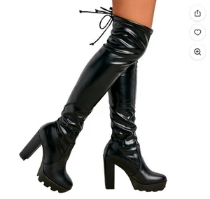 Womens Black Faux Leather Platform Thigh High Over The Knee Boots Size 42 (9) - Picture 1 of 21
