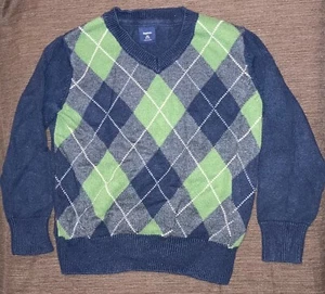Size XS 4-5 Kids V-Neck Argyle Sweater Navy Blue Green Gap Kids Brand - Picture 1 of 3