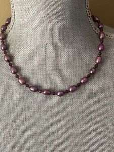 Glass Purple Pearls Silver Tone  Necklace  Beads  18” Signed Sarah - Picture 1 of 2