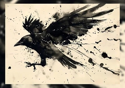 Dramatic Raven in Flight, Ink Painting Print 5"x7" on Matte Paper - Image 1 of 4