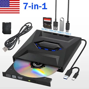 External CD DVD Drive, USB 3.0 Player Burner Writer, for PC Laptop Windows 11 10 - Afbeelding 1 van 20