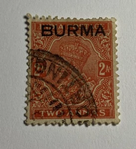Indien 1935. King George V. 2 annas. Vermillon. Gebrauchte ÜBERSTEMPELTE "BURMA" - Bild 1 von 2