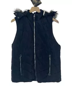 Green Tea Quilted Puffer Vest Removable Hood Size L Black Zip Sherpa Lined - Picture 1 of 6