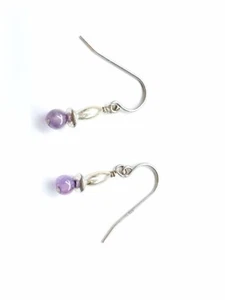 Vintage Purple Gemstone Bead Sterling Silver Drop Earrings 925 1 Grams - Picture 1 of 4