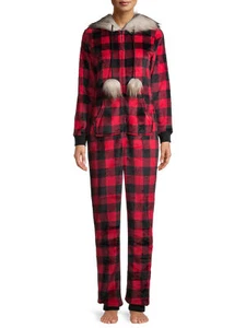 Womens Buffalo Plaid Union Suit One Piece Pajamas Red Christmas Holiday Adult - Picture 1 of 5