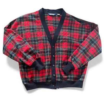 Vtg Pendleton Cardigan 100% Virgin Wool Plaid Red Leather Buttons Size Large - Image 1 of 4
