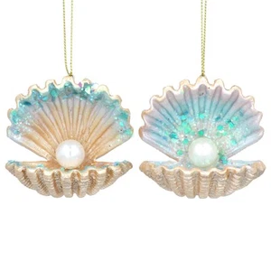 Gisela Graham Shell Christmas Tree Mermaid Hanging Decoration Clam with Pearl x2 - Picture 1 of 4