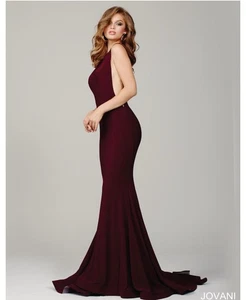 Jovani Burgundy Bateau Neck Long Prom Wedding Gown Size 6 Mermaid Tail Elegant - Picture 1 of 9