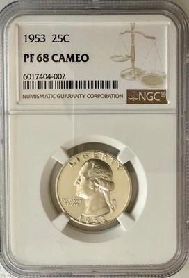 1953 Washington Quarter 25C  NGC PF 68 CAMEO Lustrous Silver Gem - Image 1 of 4