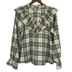 Lena Tartan Top Women’s sz Medium Plaid Mock Neck Ruffle Cream Green Cottagecore - Picture 1 of 16