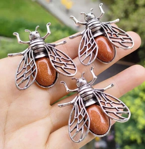 3pcs Gold sand Gems Bee Pendants Brooch Happy Luck Amulet - Picture 1 of 1