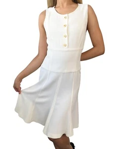 CHANEL Vintage 94P CC Logo Sleeveless Dress #36 Button Zip Cream Gold Wool - Picture 1 of 12