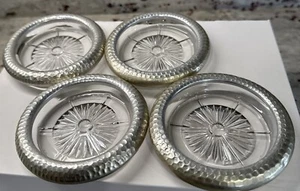 Set of 4 Metal MCM Clear Glass Coasters Aluminum Hammered Rim Sunburst Center - Picture 1 of 2